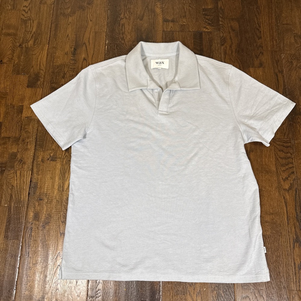 Wax London Textured Polo Blue Short Sleeve Split Neck No Buttons Men’s XL EUC